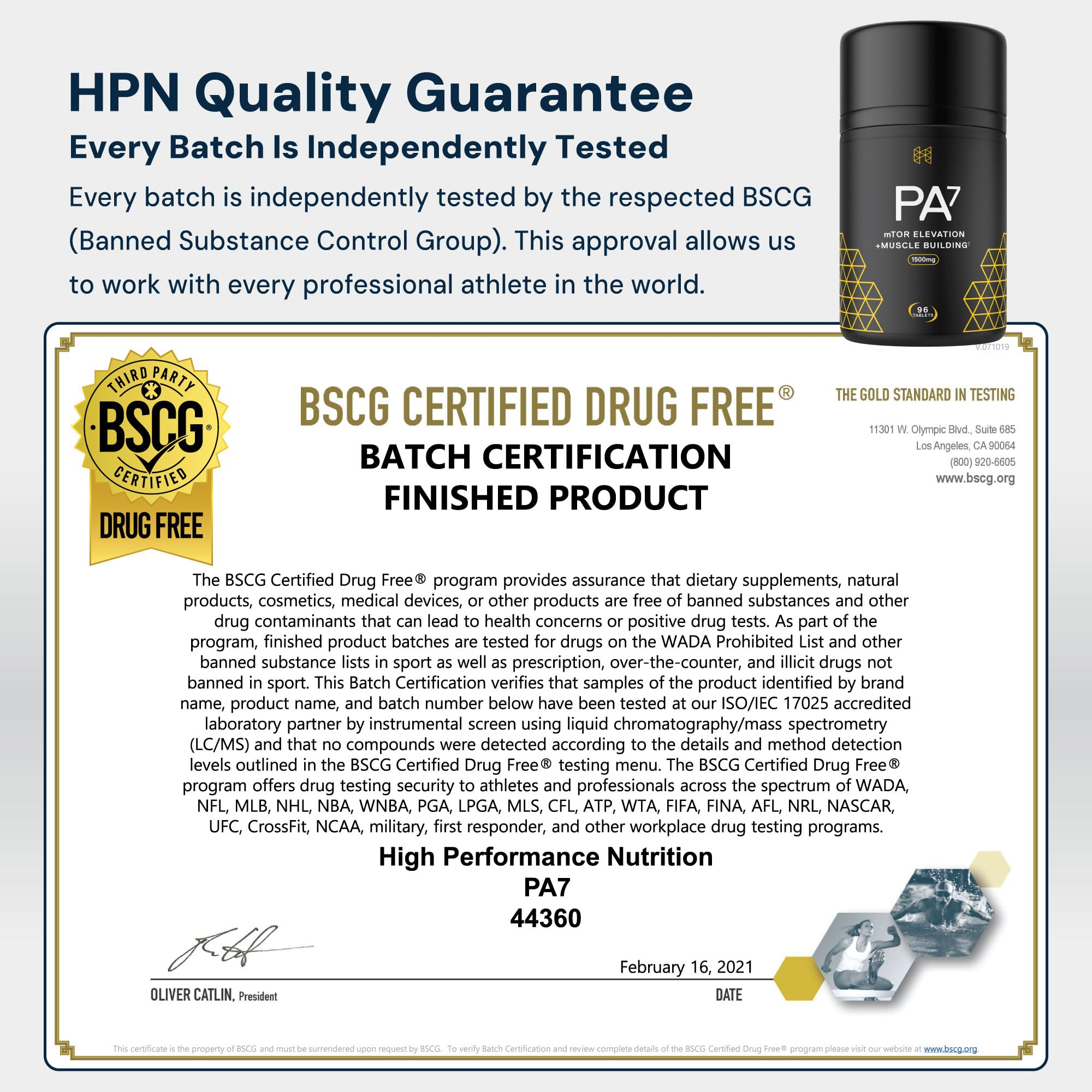 HPN PA(7) etiqueta con certificado NSF indicando apto para deporte