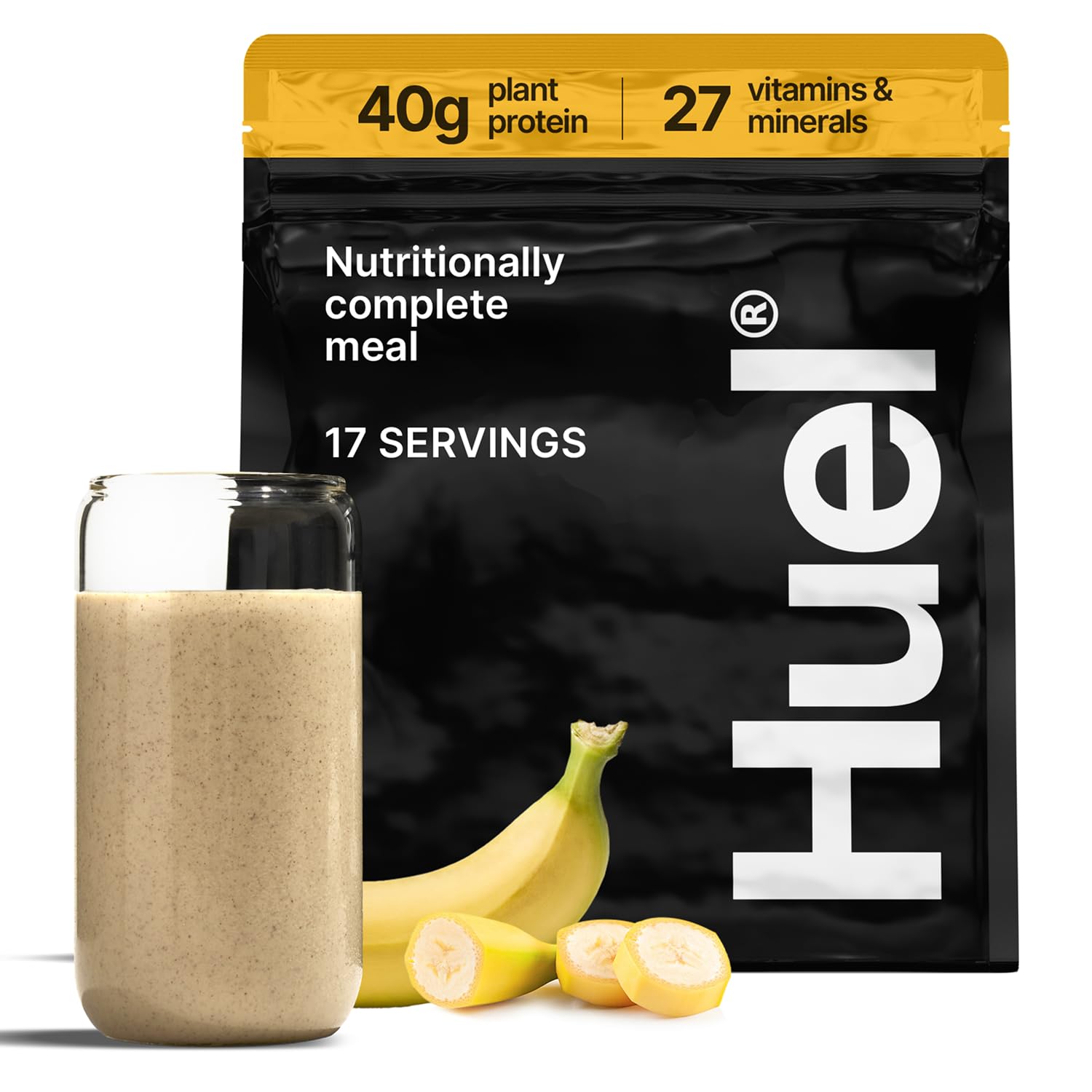 Huel Black Edition frente del envase mostrando etiqueta y beneficio nutricional