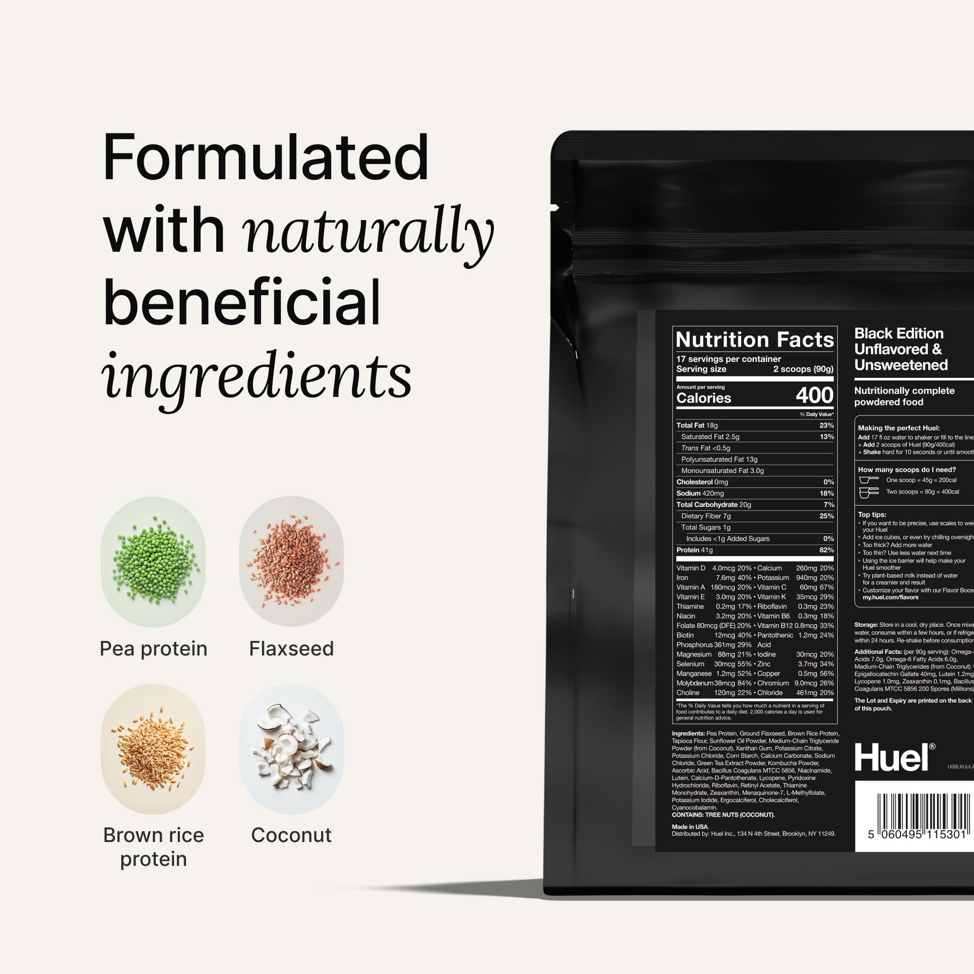 Huel Black Edition batido servido, marca y energía rápida para entrenar
