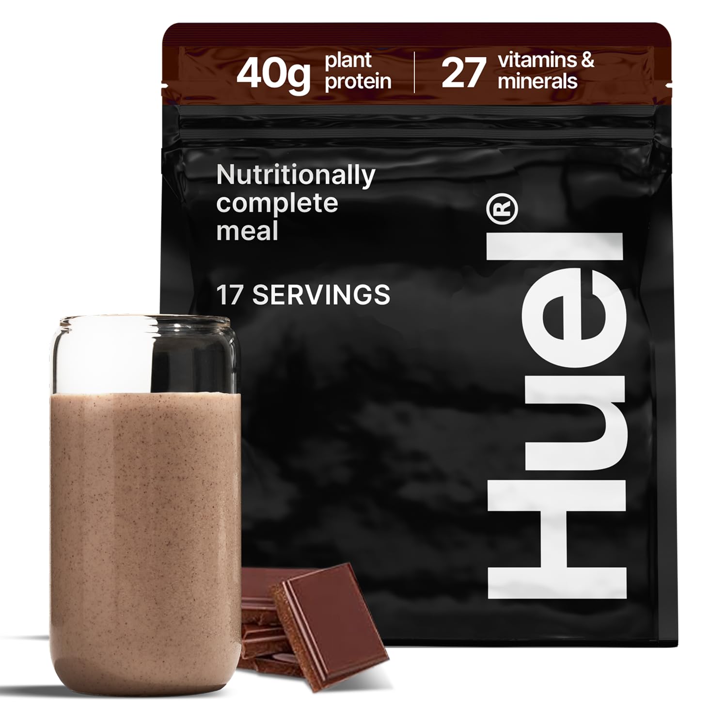 Huel envase delantero chocolate mostrando marca y conveniencia