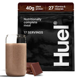 Huel envase delantero chocolate mostrando marca y conveniencia