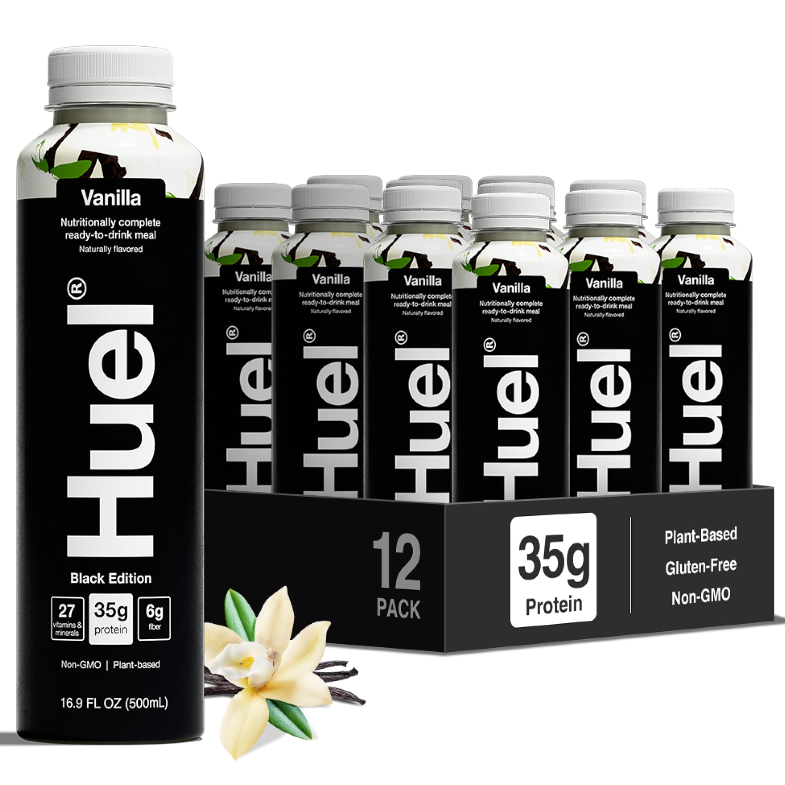 Huel envase frontal Vainilla mostrando diseño y conveniencia