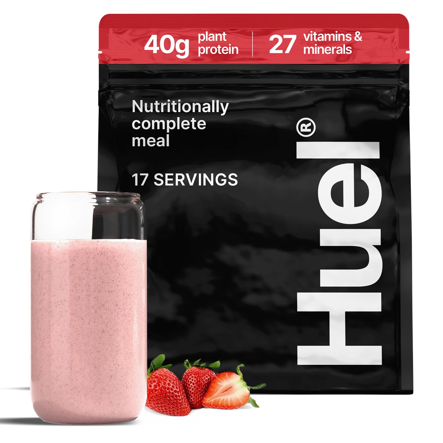Huel envase Black Edition fresa en primer plano mostrando presentación y conveniencia