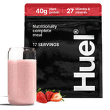 Huel envase Black Edition fresa en primer plano mostrando presentación y conveniencia