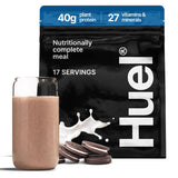 Huel Black Edition frontal del envase mostrando sabor Cookies and Cream y beneficio práctico