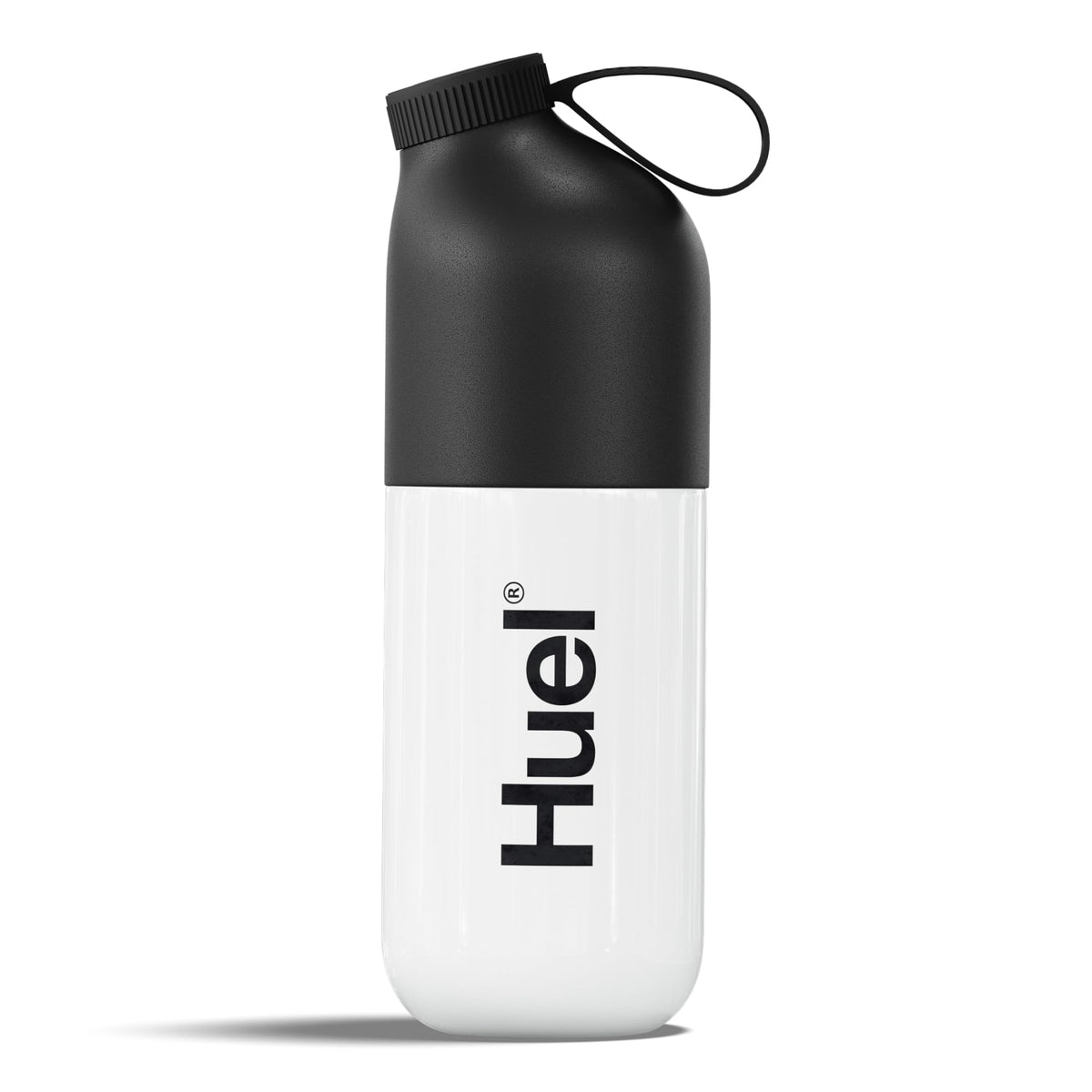 Huel botella mezcladora frontal mostrando diseño opaco y cierre seguro