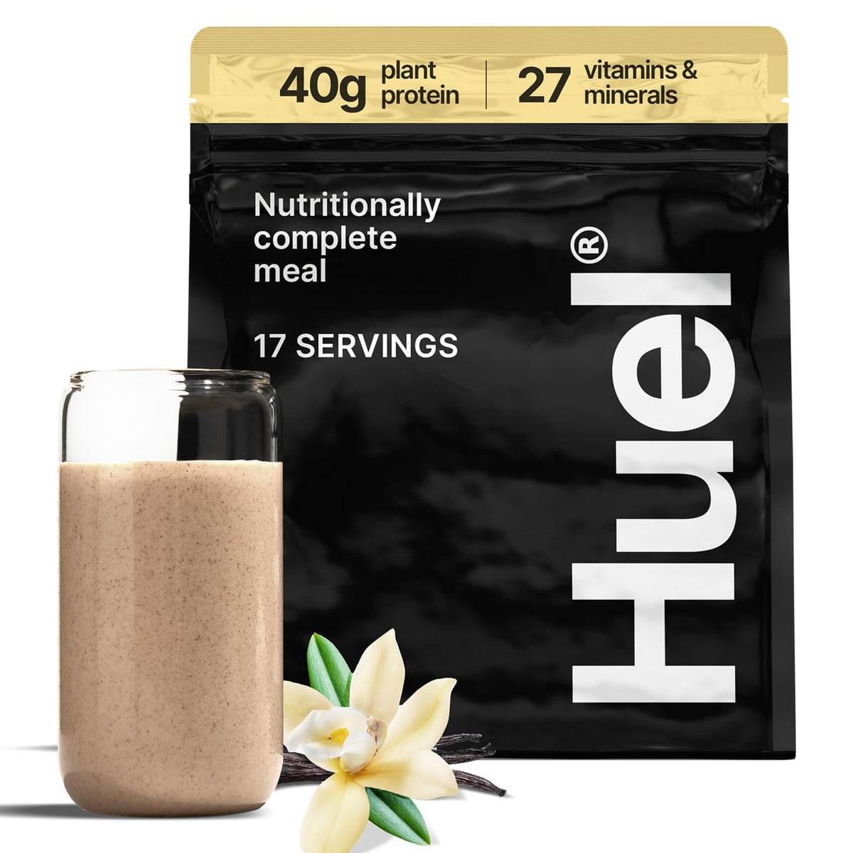 Huel Black Edition empaquetado frontal mostrando conveniencia y proteína