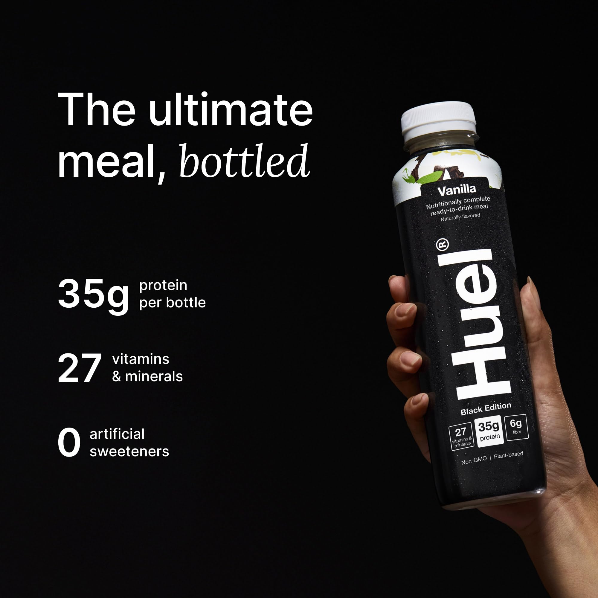 Huel botella abierta con ingredientes naturales visibles y beneficios