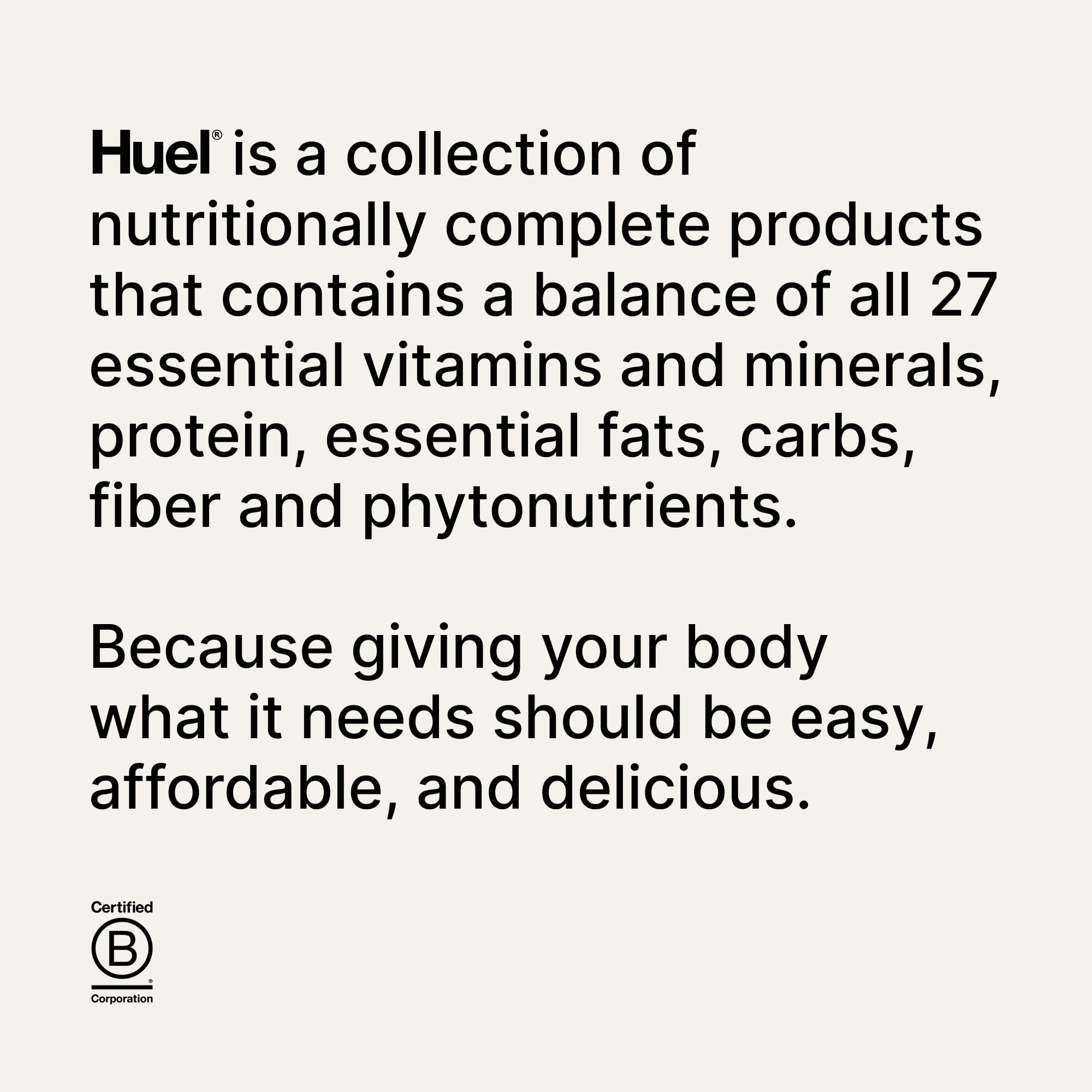 Huel Black escala de tamaño con raciones, visualiza 17 servicios por envase