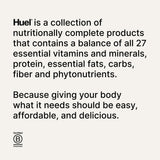 Huel Black escala de tamaño con raciones, visualiza 17 servicios por envase