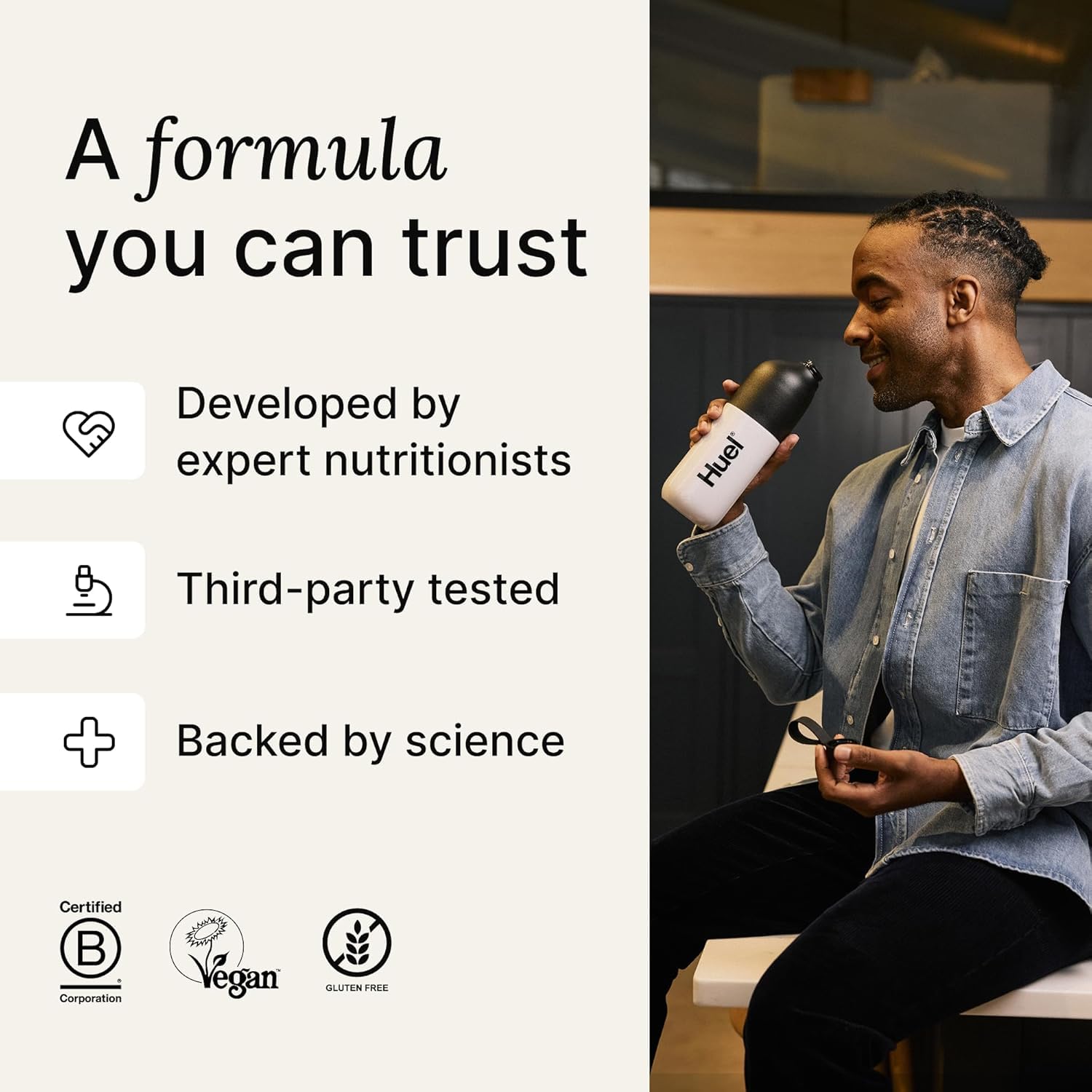 Huel Black etiqueta de ingredientes, información de vitaminas y minerales