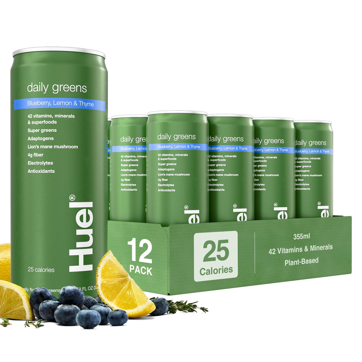 Huel botella frontal Blueberry Lemon Thyme mostrando etiqueta y conveniencia