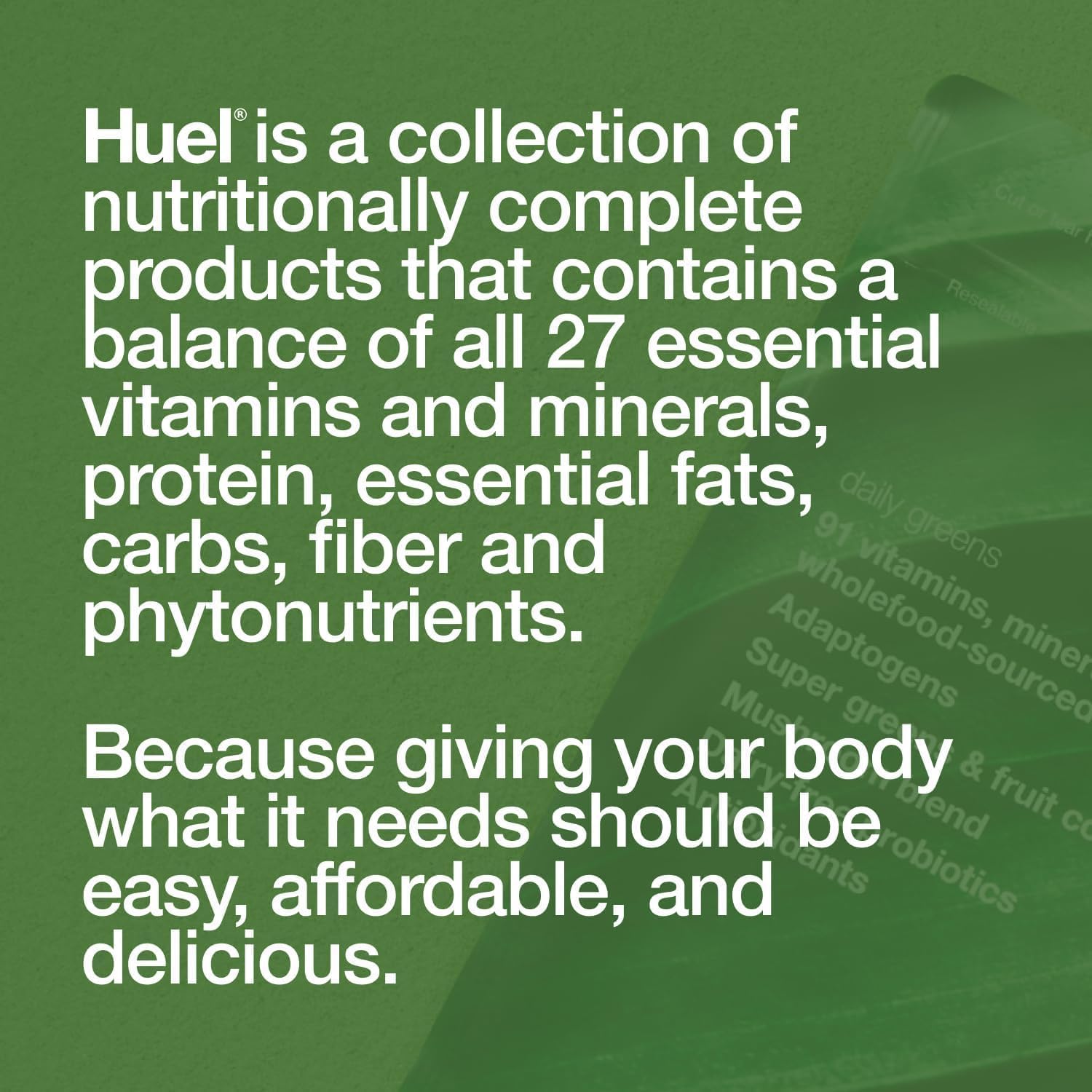 Huel etiqueta de ingredientes detallada mostrando vitaminas y mezclas orgánicas