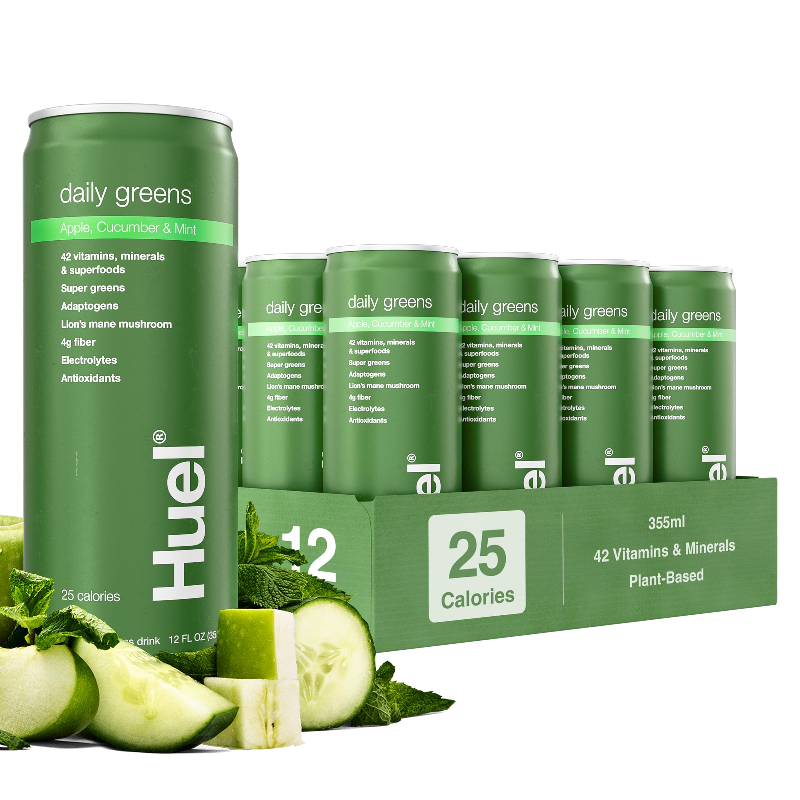 Huel envase frente mostrando sabor manzana pepino, conveniencia diaria