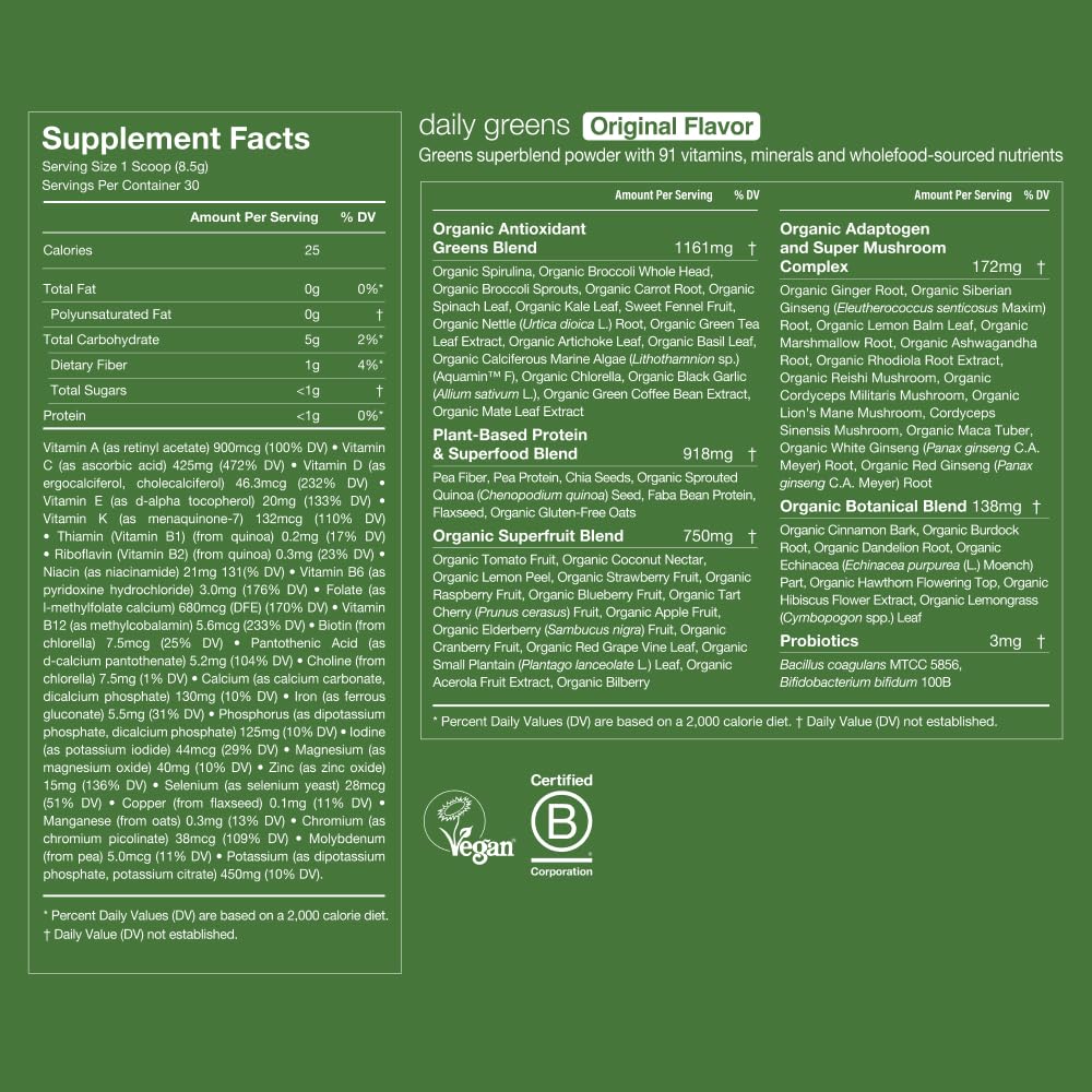 Selección de superalimentos orgánicos de Huel Daily Greens, fuentes naturales de vitaminas