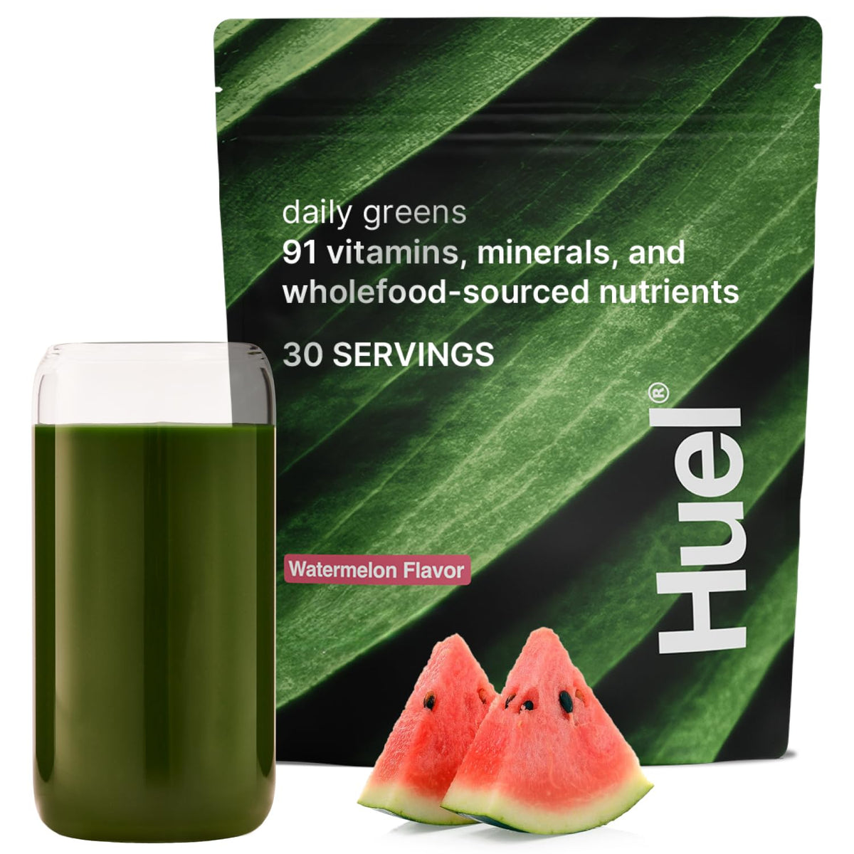 Huel Daily Greens frontal del envase que muestra el diseño y sabor sandía