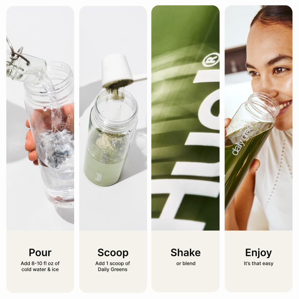 Huel Daily Greens bebida en mesa de desayuno acompañada de fruta fresca