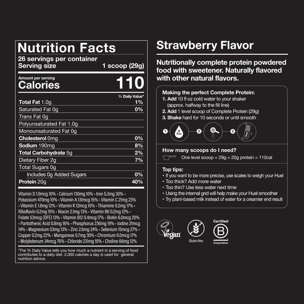 Huel detalle de ingredientes vegetales indicando proteínas de cáñamo y guisante