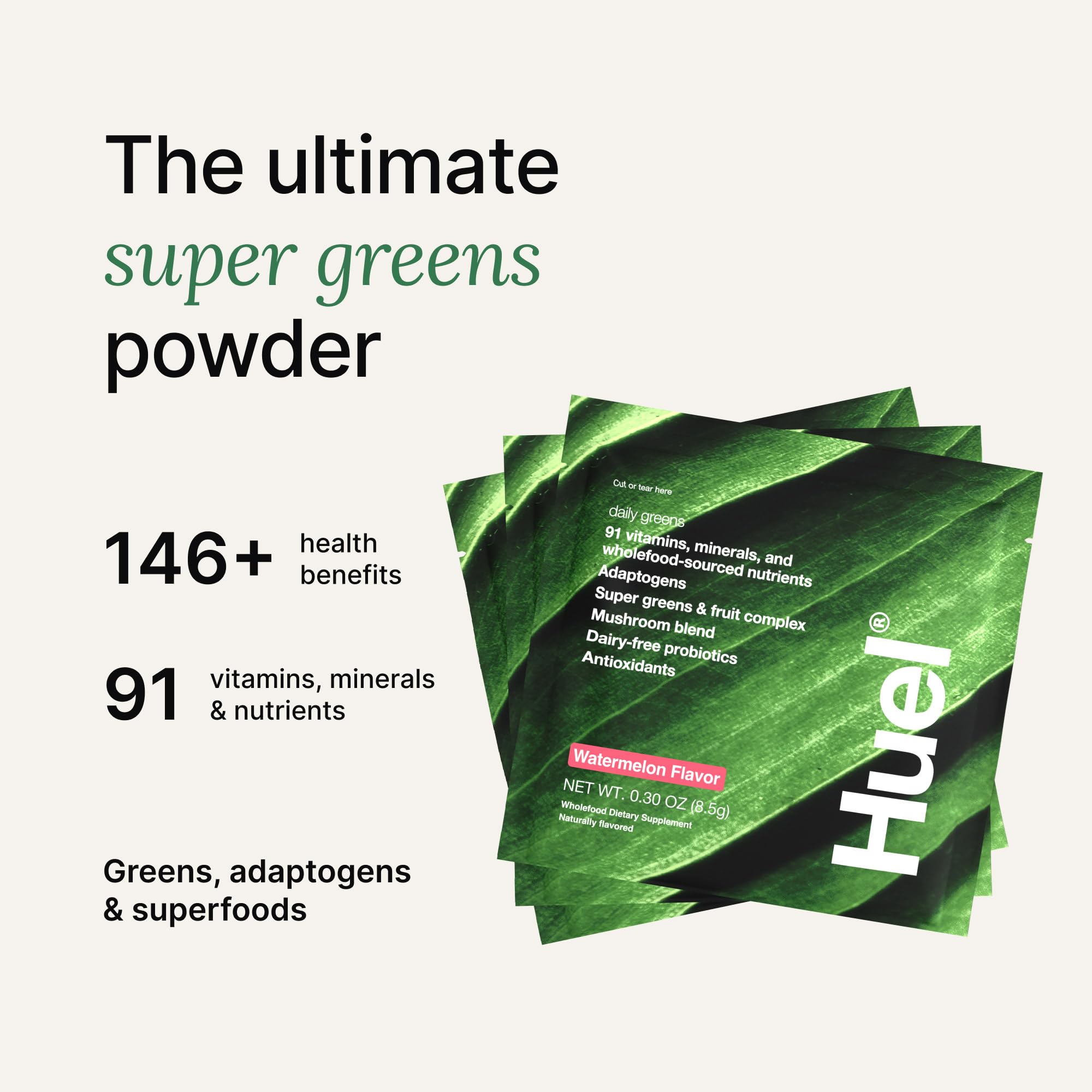 Huel polvo textura cercana que muestra la mezcla de superalimentos y beneficios