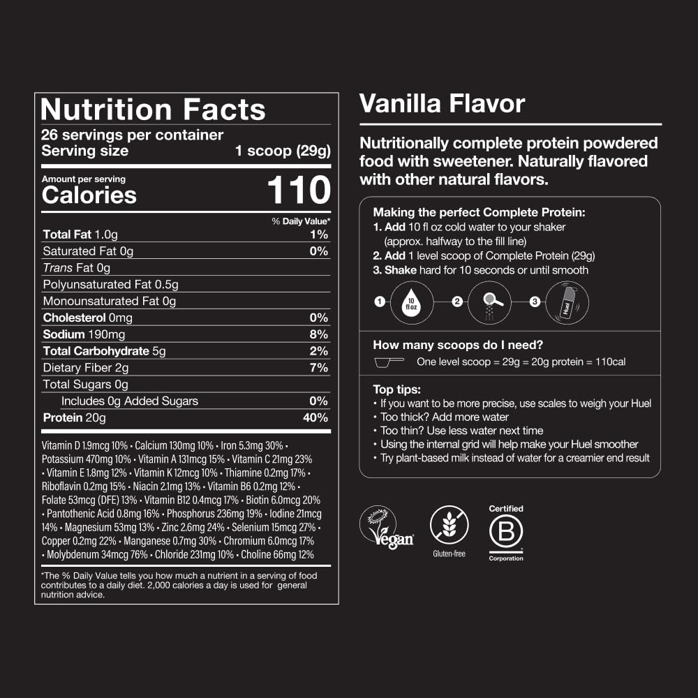Etiqueta de Huel con lista de ingredientes y vitaminas, transparencia nutricional