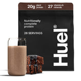 Huel envase frontal sabor chocolate fudge brownie mostrando marca y conveniencia