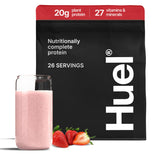 Huel vista frontal del envase sabor Fresa que destaca conveniencia y proteína