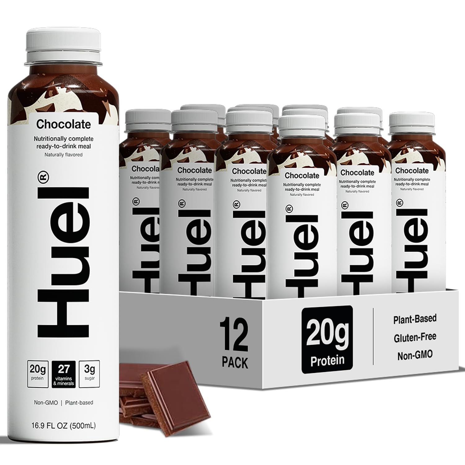 Huel Ready-to-Drink chocolate frente mostrando el envase y beneficios