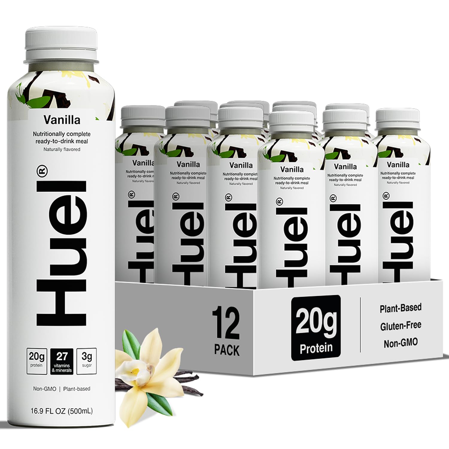 Huel botella frontal Vainilla mostrando diseño y conveniencia