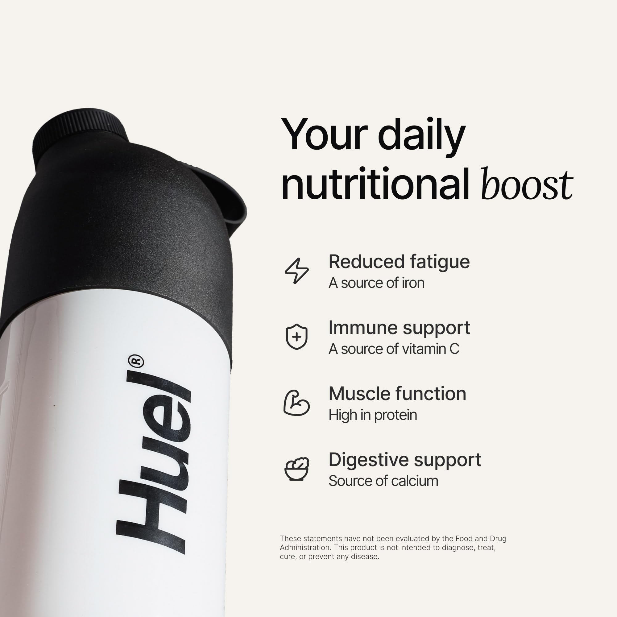 Vaso con batido Huel Chocolate listo para beber, Huel aporta proteína vegetal rápida