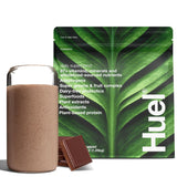 Huel envase frontal Chocolate con diseño y raciones visibles, conveniente para mañanas ocupadas