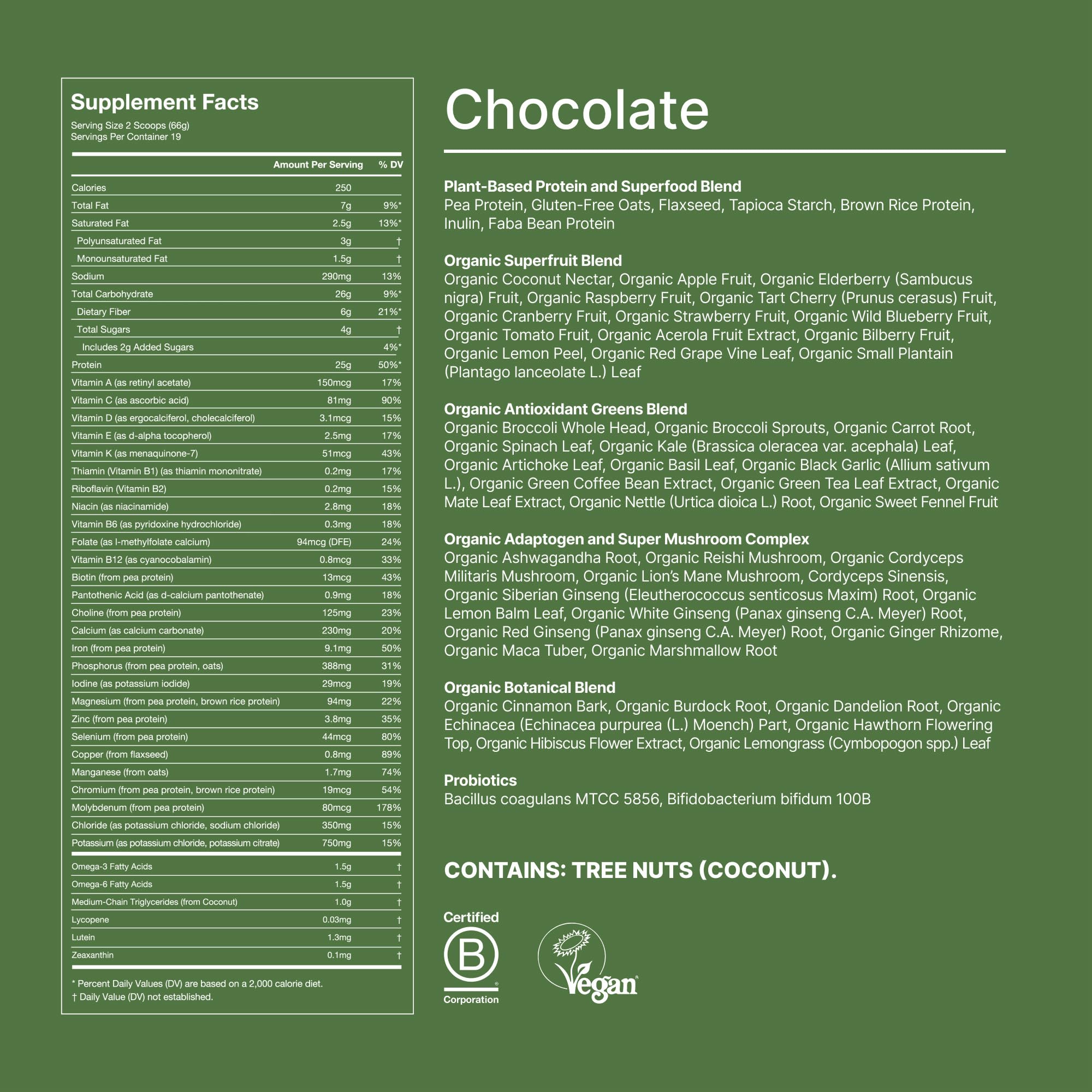 Etiqueta nutricional de Huel Chocolate destacando 25 g de proteína y 87+ vitaminas