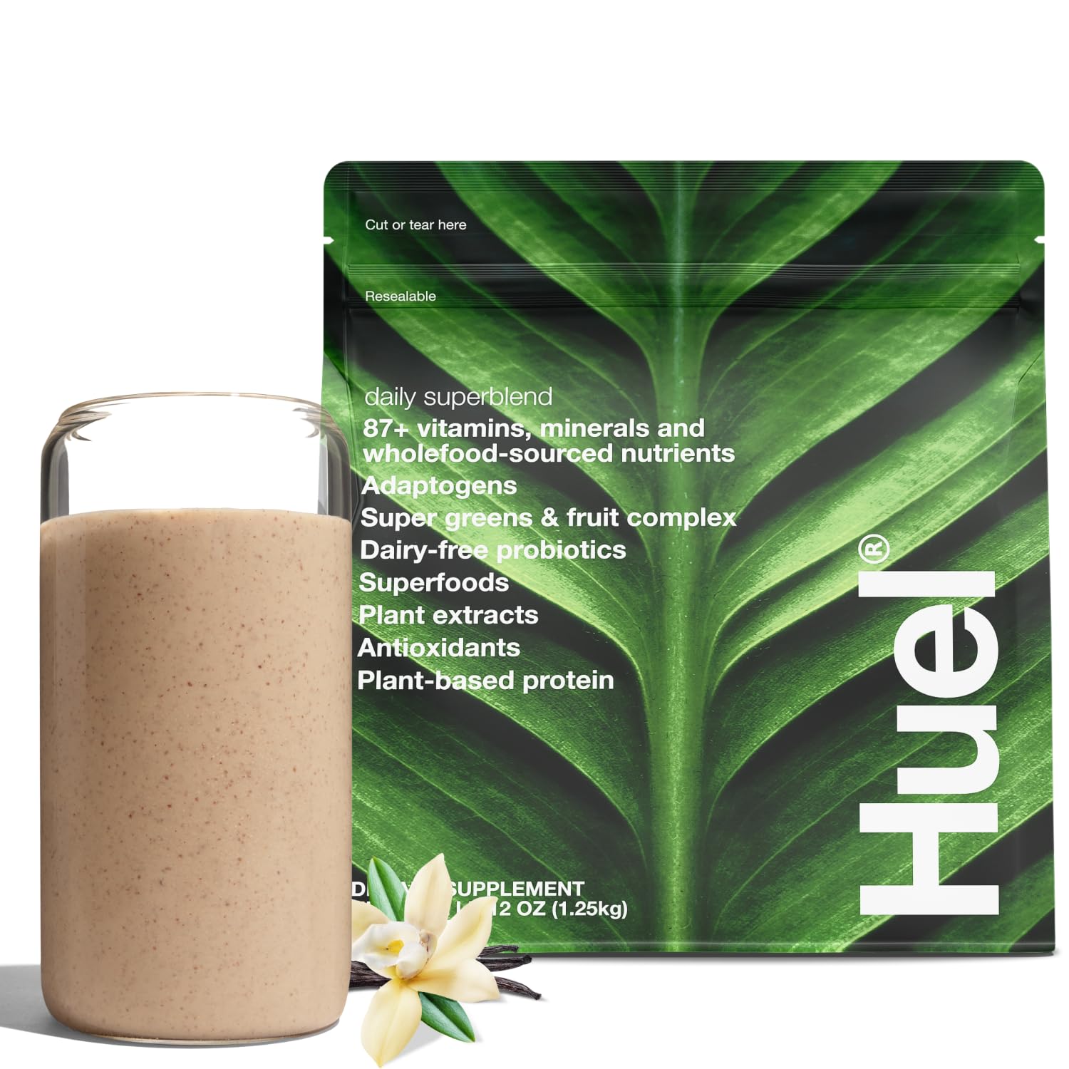 Huel Superblend Vainilla vista frontal mostrando el envase y beneficios visibles