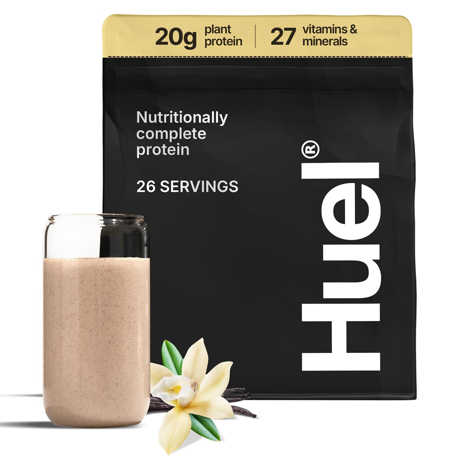 Huel envase Vainilla frontal mostrando tamaño y marca, práctica y nutritiva