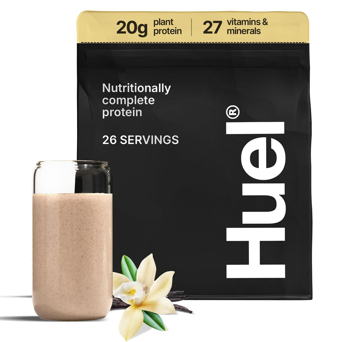Huel envase Vainilla frontal mostrando tamaño y marca, práctica y nutritiva