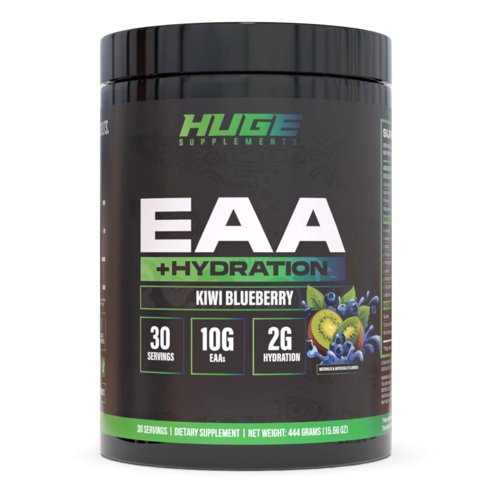 Huge Supplements envase frontal mostrando sabor kiwi blueberry y beneficios