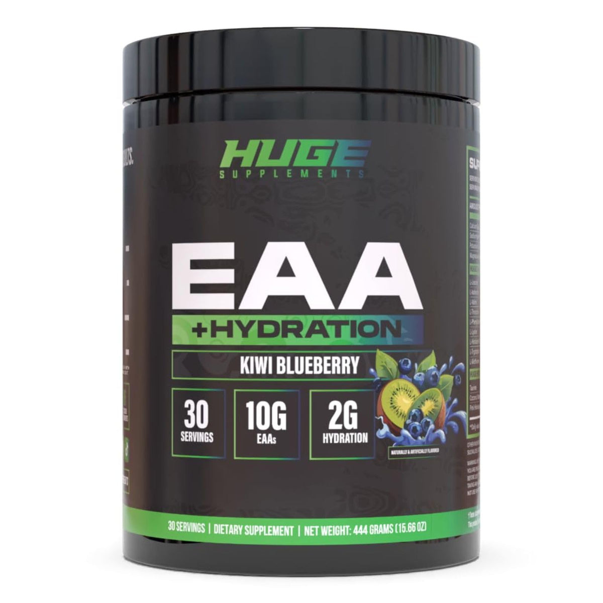 Huge Supplements envase frontal mostrando sabor kiwi blueberry y beneficios
