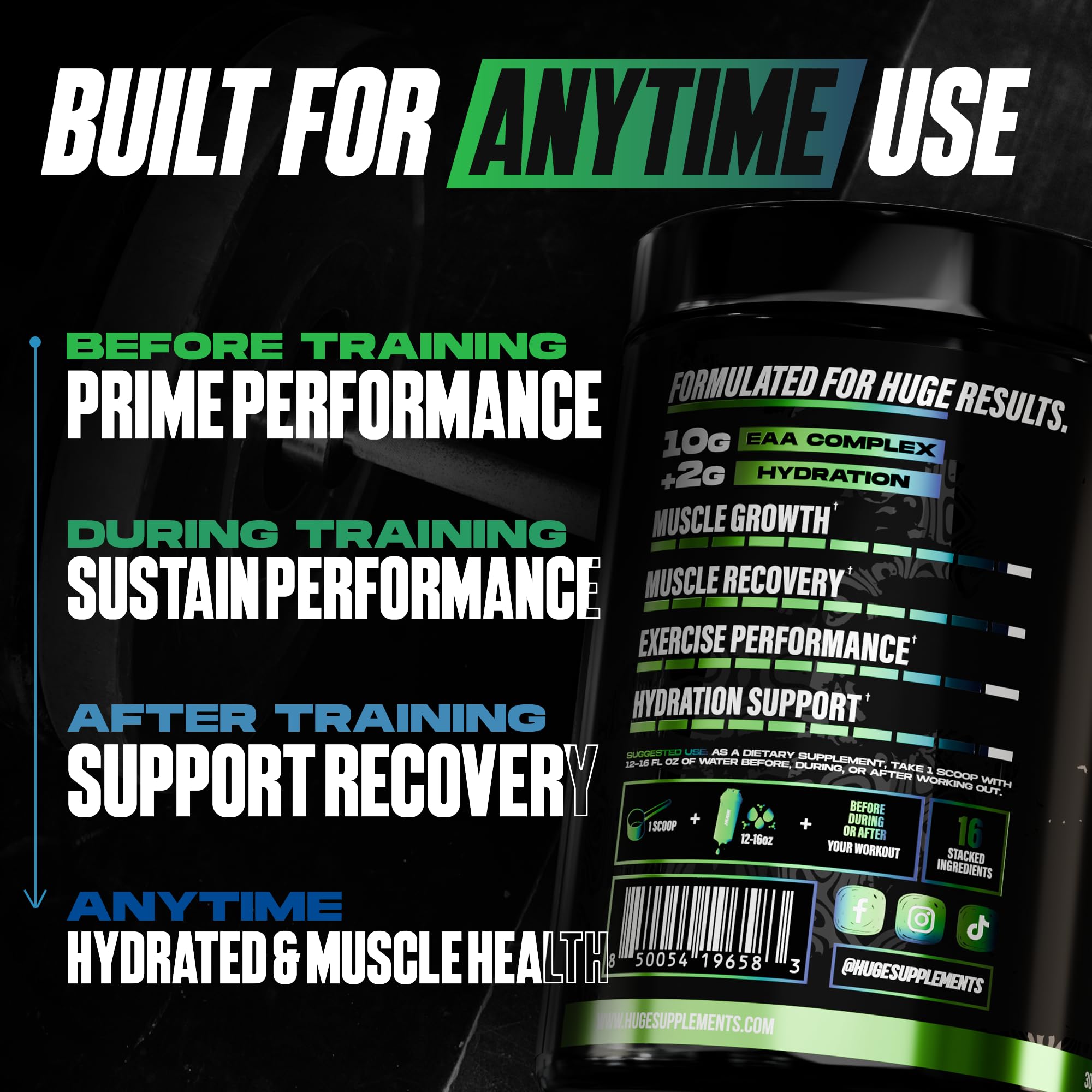 Huge Supplements etiqueta con lista de aminoácidos y electrolitos visibles