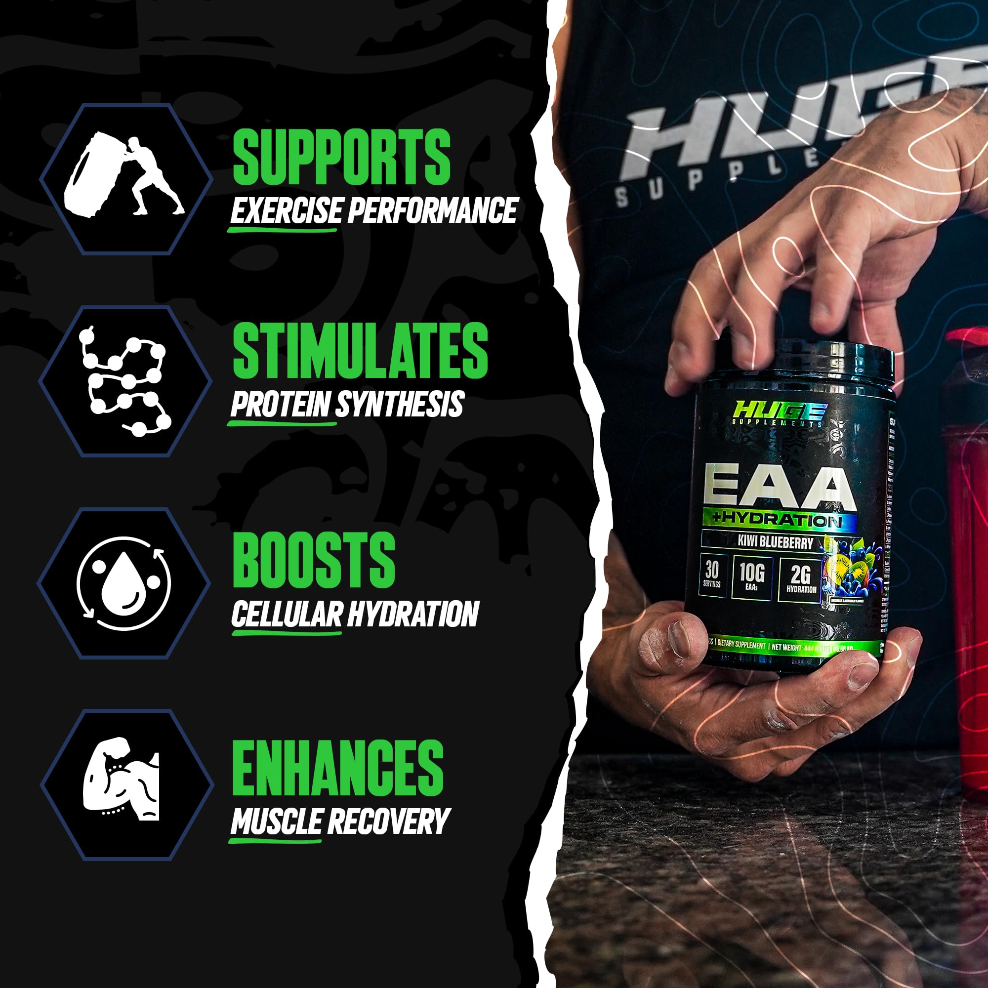 Huge Supplements primer plano del polvo fino listo para disolverse rápido