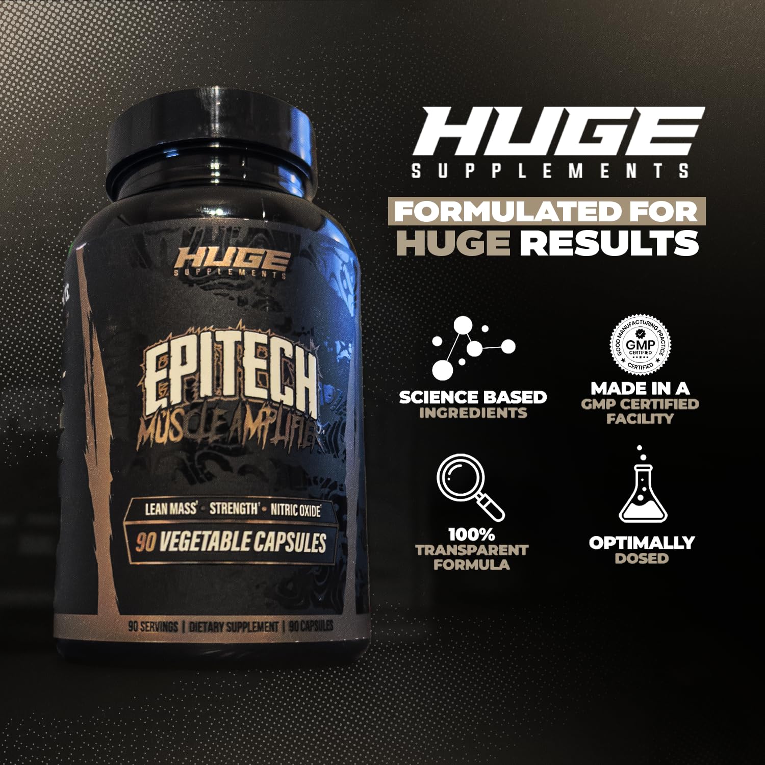 Huge Supplements Epitech cápsula junto a equipo de entrenamiento sugiriendo uso pre/post entreno