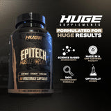 Huge Supplements Epitech cápsula junto a equipo de entrenamiento sugiriendo uso pre/post entreno