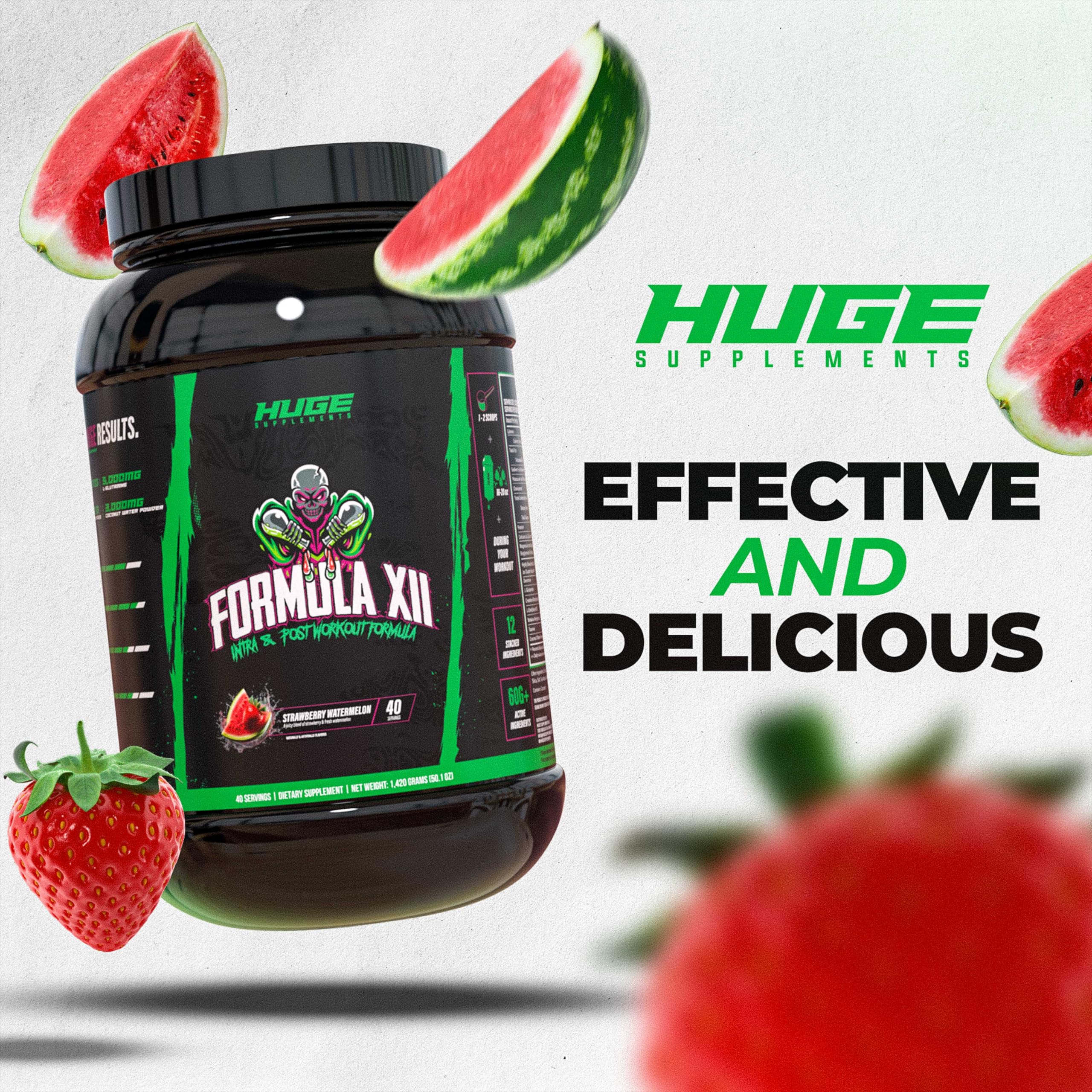 Cucharada con porción de Formula XII y envase al fondo, Huge Supplements beneficios porción controlada