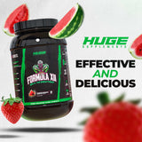 Cucharada con porción de Formula XII y envase al fondo, Huge Supplements beneficios porción controlada