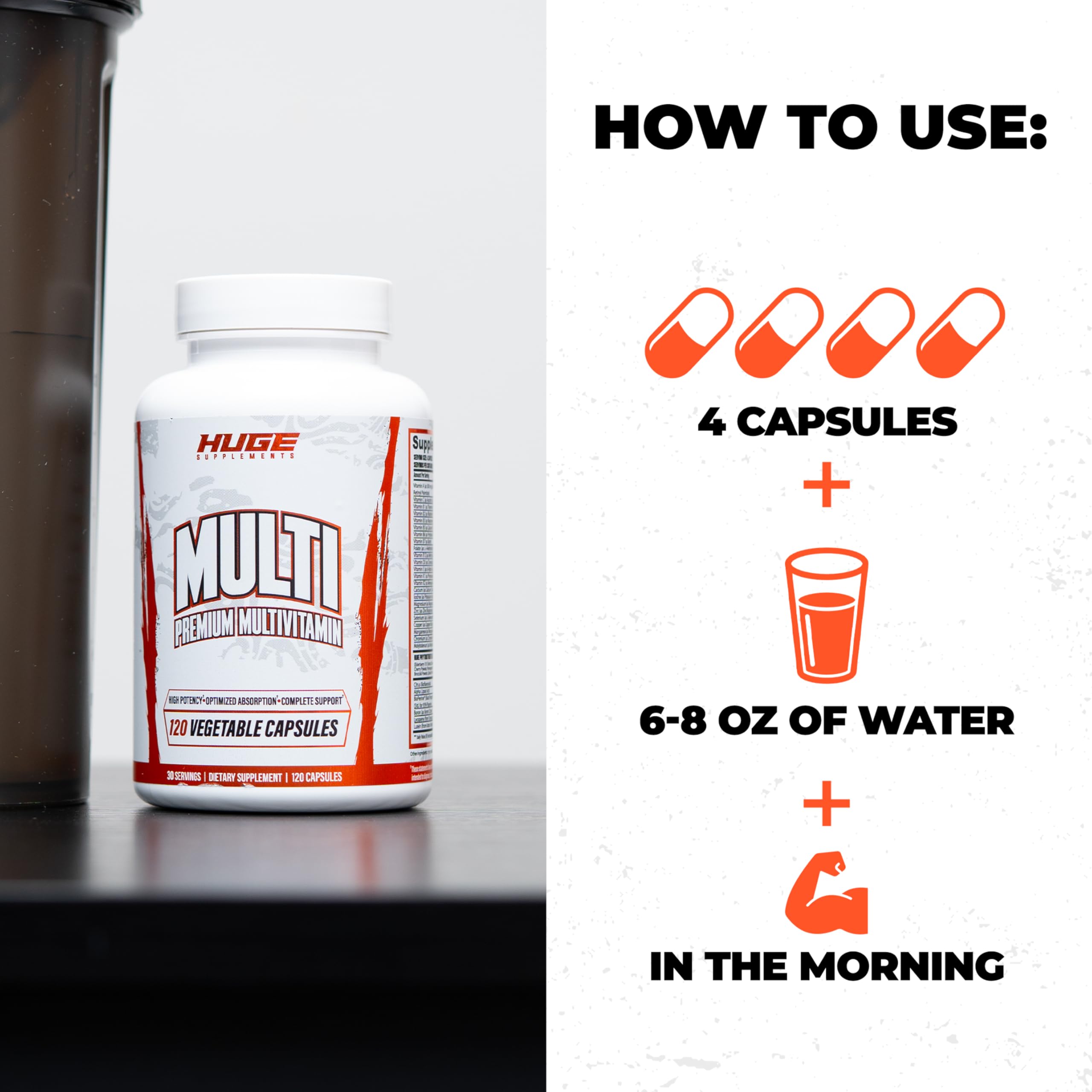 Huge Supplements bote sobre banco de gimnasio mostrando uso en rutina de entrenamiento