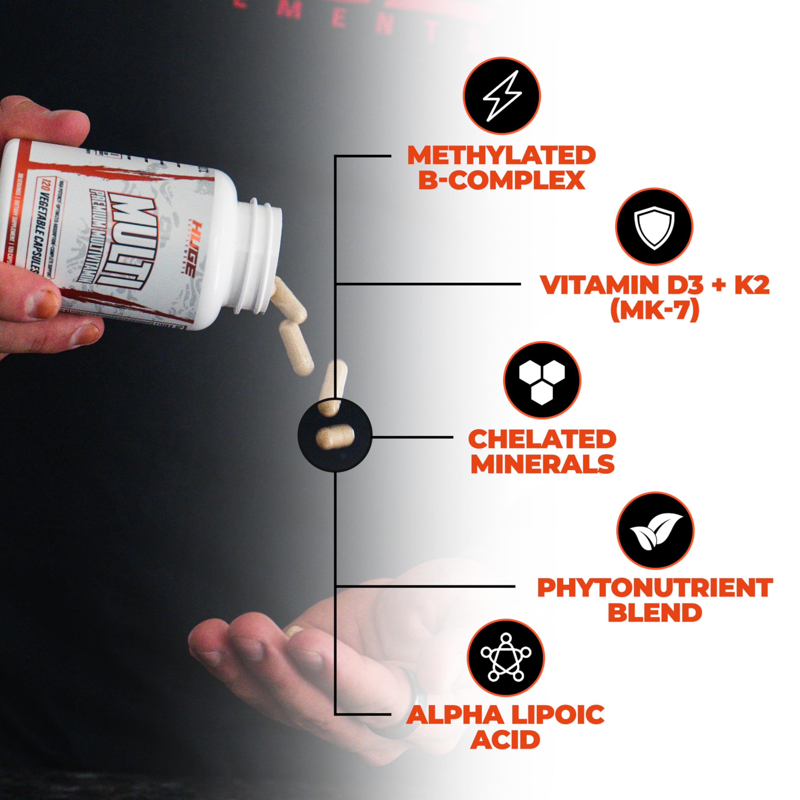 Huge Supplements comparación de tamaño en mano para apreciar dimensiones y dosis por cápsula