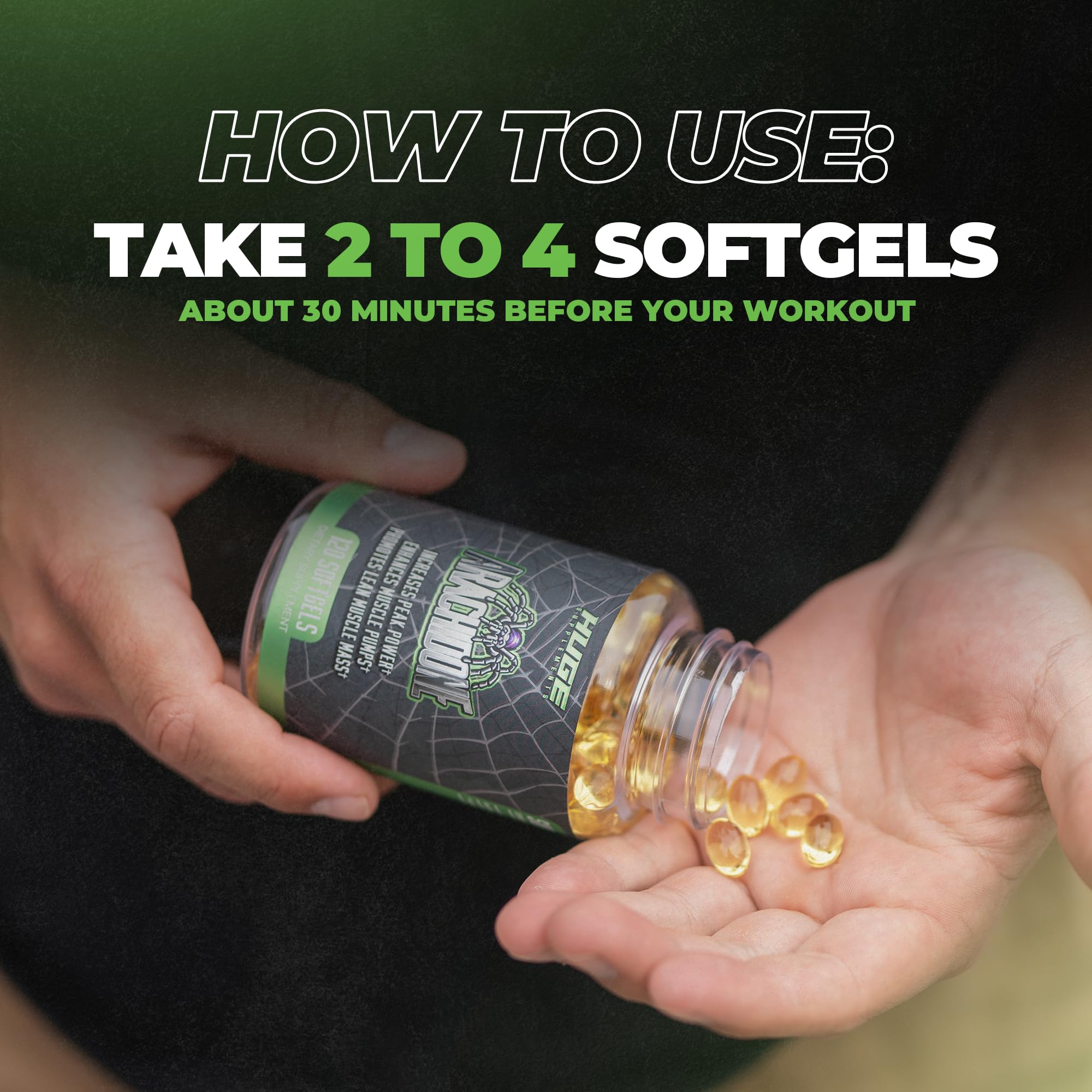 Huge Supplements Arachidone softgel junto a una regla para mostrar tamaño y conveniencia