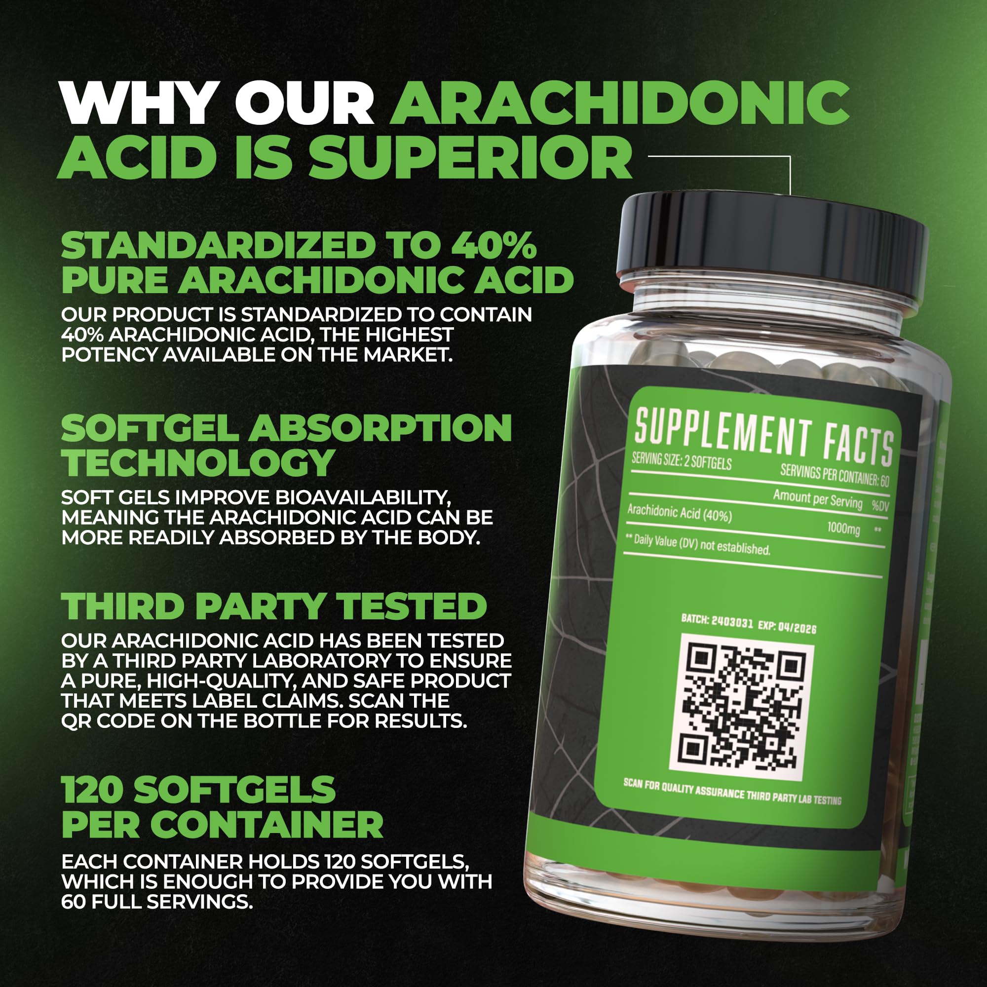 Huge Supplements Arachidone envase abierto mostrando softgels fáciles de tragar y práctico uso