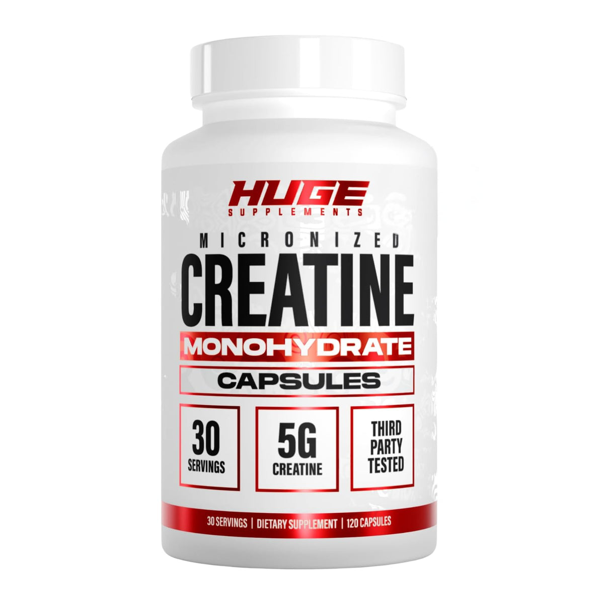 Huge Supplements envase frontal mostrando creatina en cápsulas, práctico y dosificado
