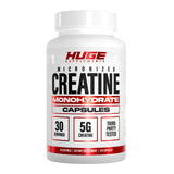 Huge Supplements envase frontal mostrando creatina en cápsulas, práctico y dosificado