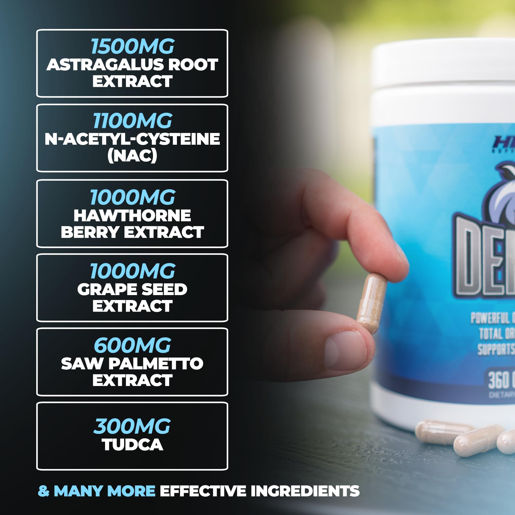 Huge Supplements bote en mano para comparar tamaño, conveniencia de 360 cápsulas