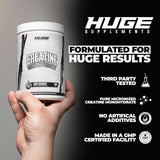 Vaso con creatina Huge Supplements disuelta, mezcla rápida y sin grumos